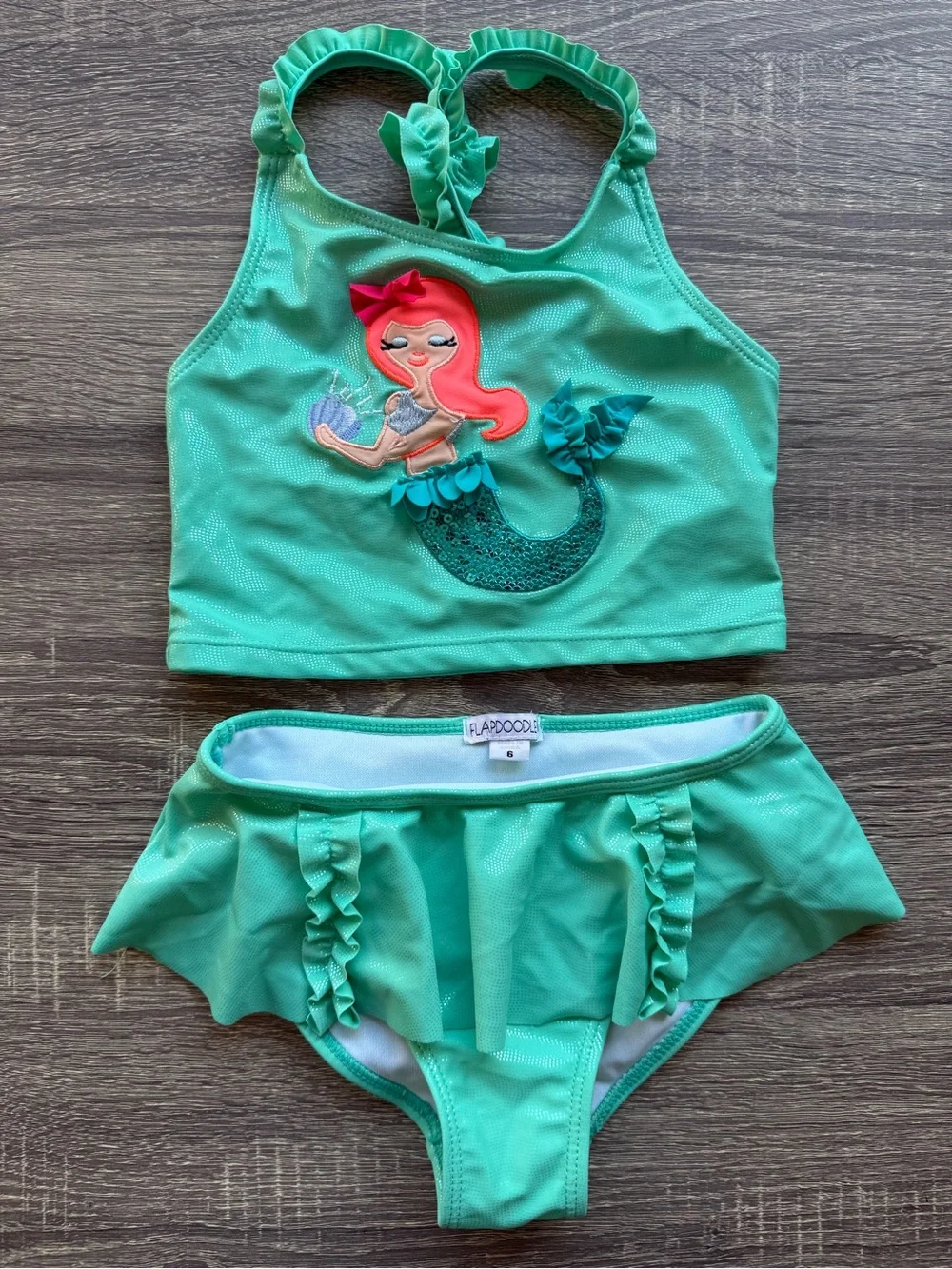 Flapdoodles Green Mermaid Tankini with Pink Hair Mermaid Appliqué